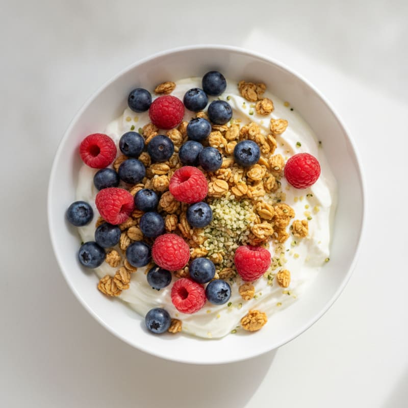 Greek Yogurt Bowl with Mixed Berries and Crunchy Almond Granola