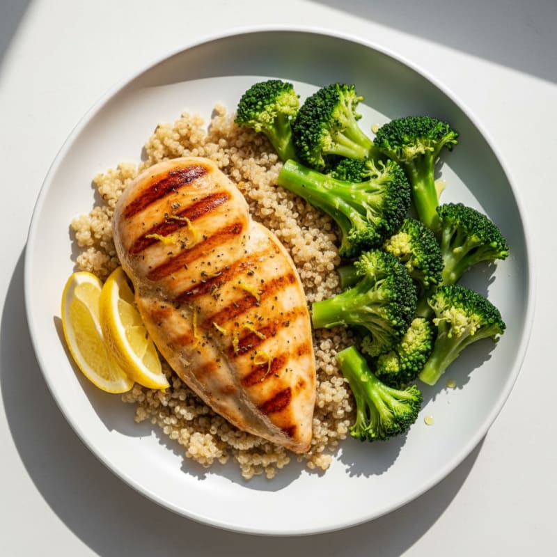 Grilled Chicken Breast with Steamed Broccoli and Quinoa
