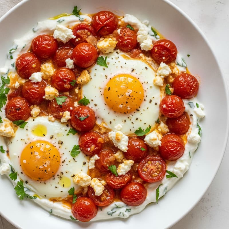 Baked Eggs with Roasted Tomatoes and Herbed Yogurt