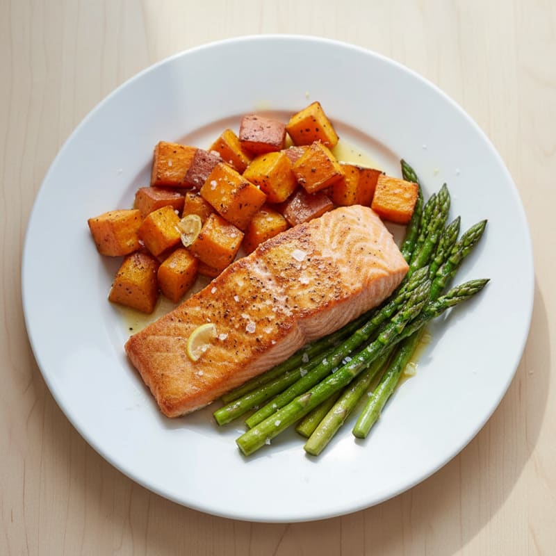 Seared Salmon Fillet with Roasted Sweet Potatoes and Asparagus