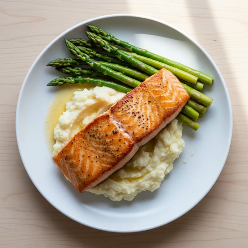 Seared Salmon with Steamed Asparagus and Mashed Cauliflower