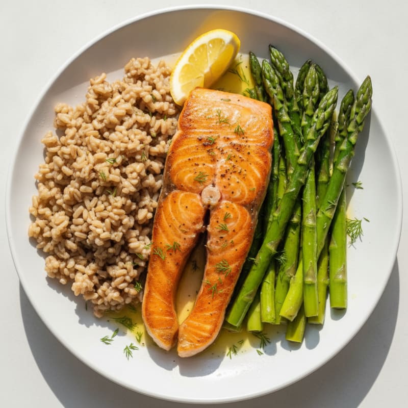 Seared Salmon with Steamed Asparagus and Brown Rice