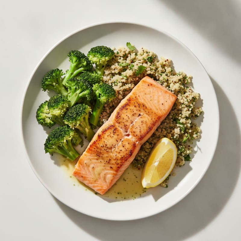Seared Salmon Fillet with Steamed Broccoli and Herb Quinoa