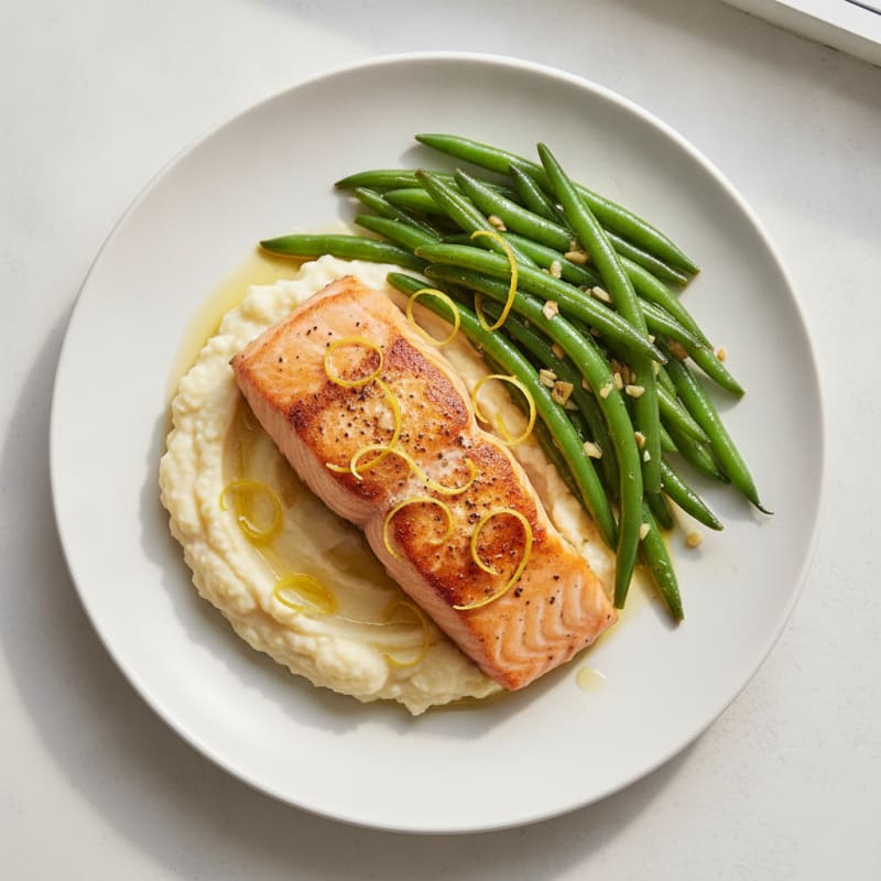 Seared Salmon with Garlic Green Beans and Cauliflower Mash
