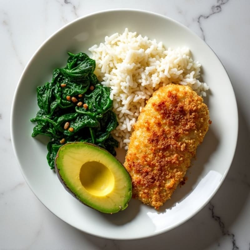 Crispy Chicken with Steamed Rice, Sautéed Spinach, and Fresh Avocado