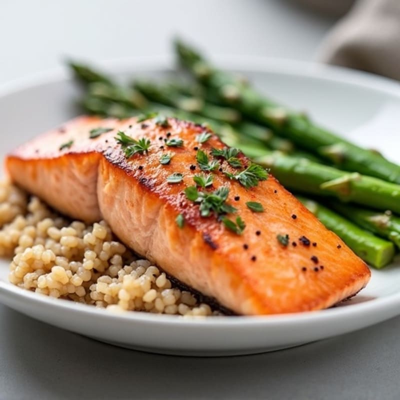 Seared Salmon Fillet with Steamed Asparagus and Brown Rice