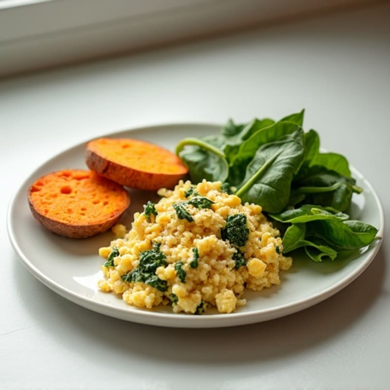 Egg White and Turkey Spinach Scramble with Roasted Sweet Potato