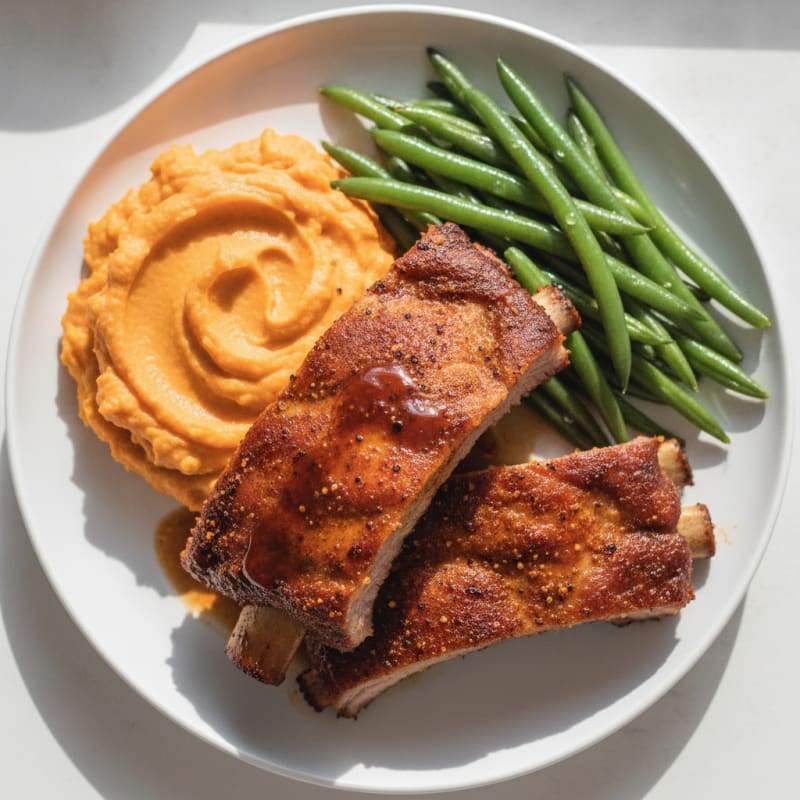 Oven-Baked Ribs with Steamed Green Beans and Sweet Potato Mash