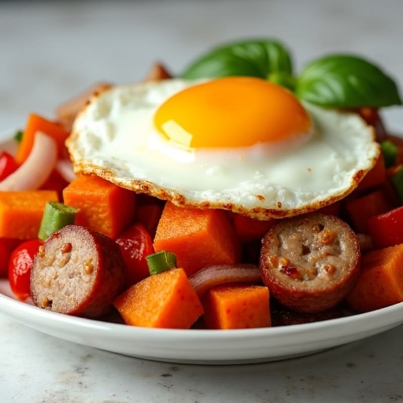 Sweet Potato and Chicken Sausage Hash with Fried Eggs