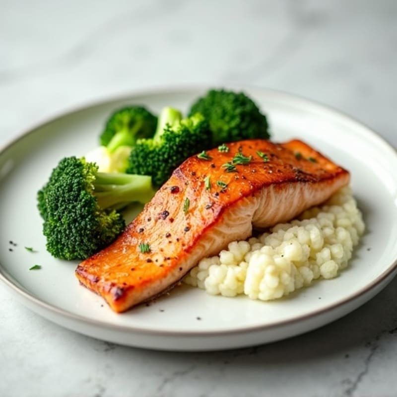 Seared Salmon with Steamed Broccoli and Cauliflower Mash