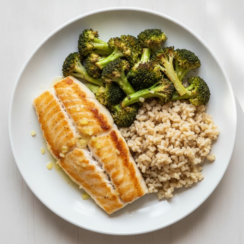 Seared Cod Fillet with Roasted Broccoli and Brown Rice