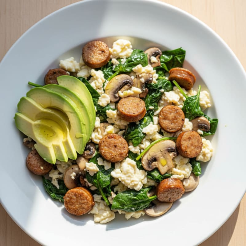 Egg White and Turkey Sausage Scramble with Spinach and Mushrooms