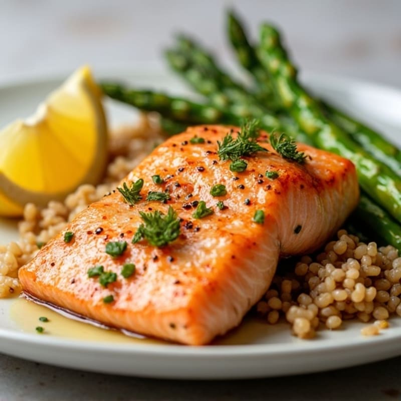 Lemon Garlic Roasted Salmon with Roasted Asparagus and Brown Rice