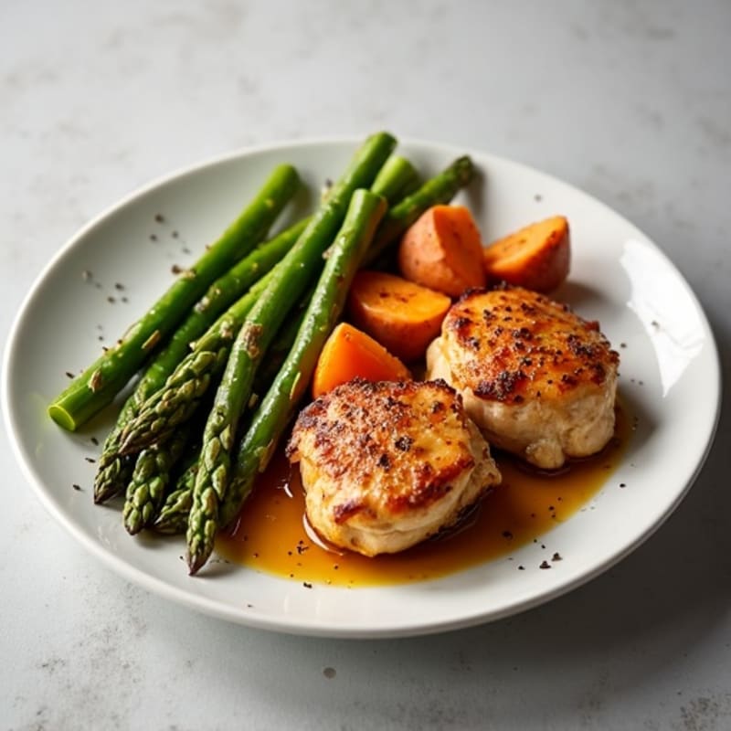 Crispy Roasted Chicken Thighs with Sweet Potatoes and Asparagus