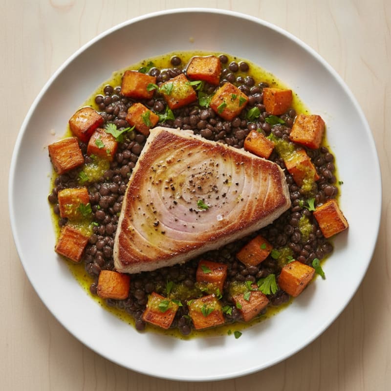 Pan-Seared Tuna with Beluga Lentils and Roasted Sweet Potato