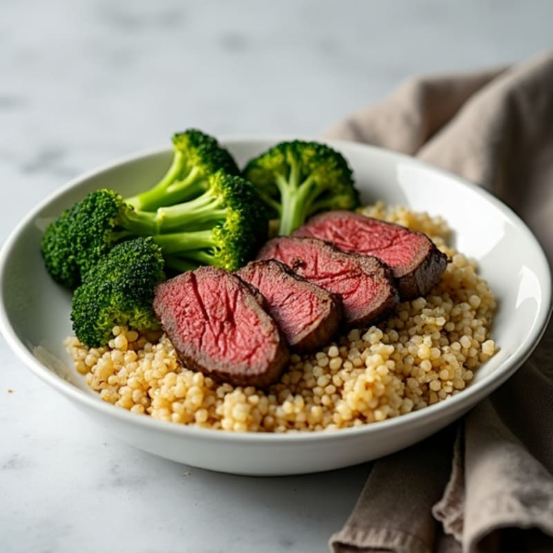 Seared Lean Beef with Roasted Broccoli and Garlic Quinoa