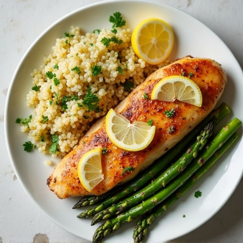 Lemon Garlic Pan-Seared Chicken with Fluffy Herb Quinoa and Roasted Asparagus