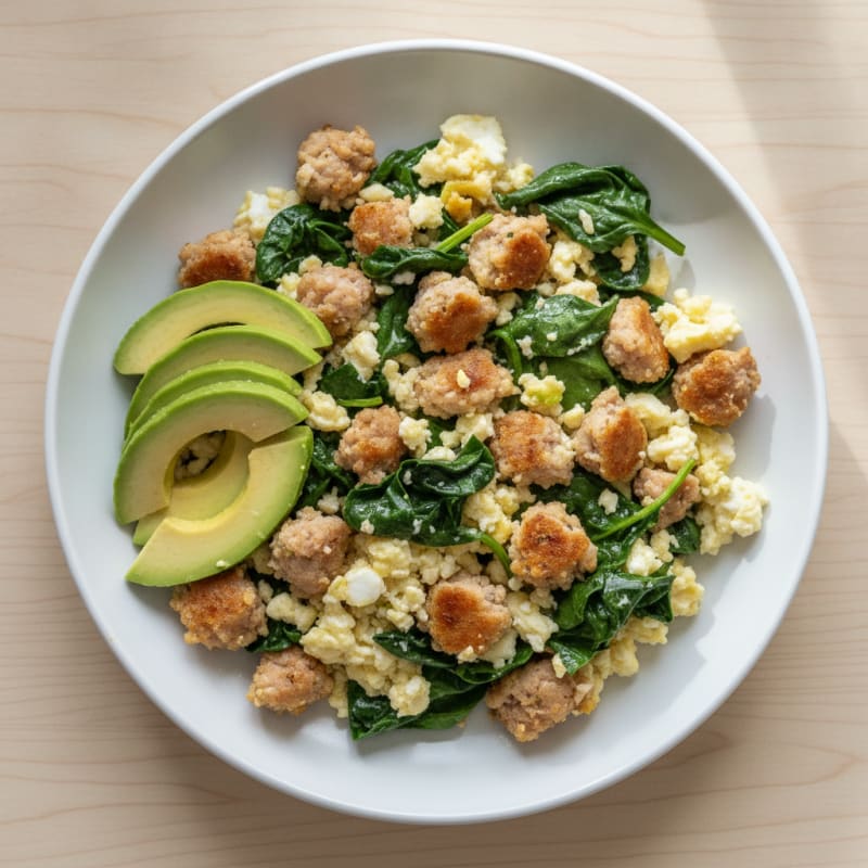 Crispy Egg White and Turkey Sausage Scramble with Spinach