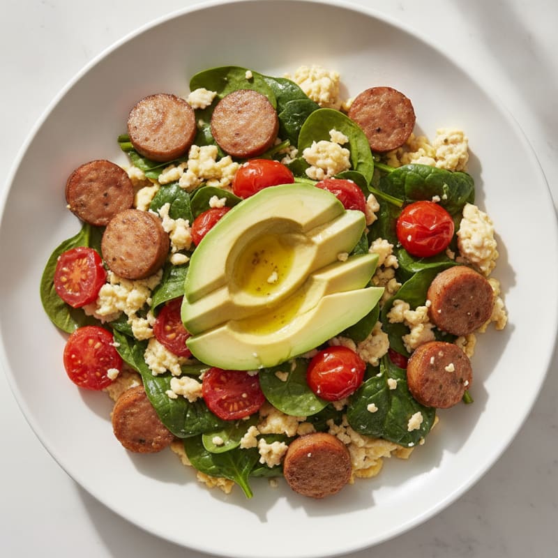 Egg White and Turkey Sausage Scramble with Spinach and Tomatoes
