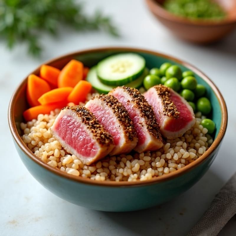 Sesame-Crusted Tuna Rice Bowl with Fresh Vegetables