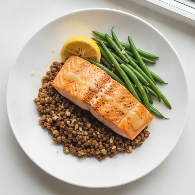 Seared Salmon with Garlic Green Beans and Lentil Mash