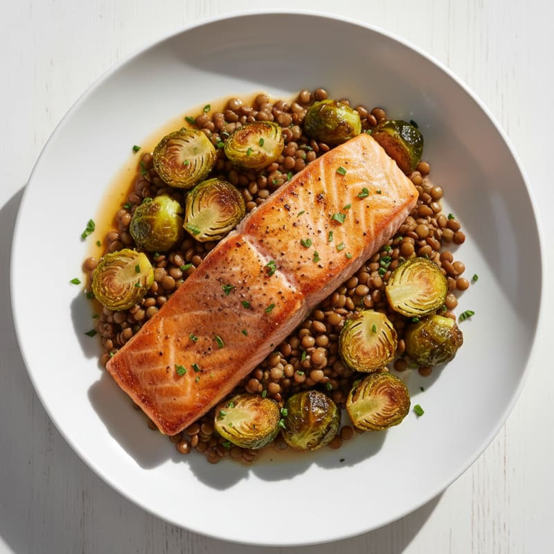 Seared Salmon Fillet with Roasted Brussels Sprouts and Lentils