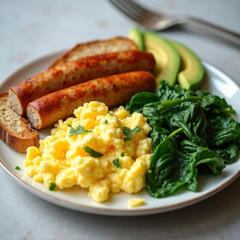 Scrambled Egg Whites with Turkey Sausage and Sautéed Spinach