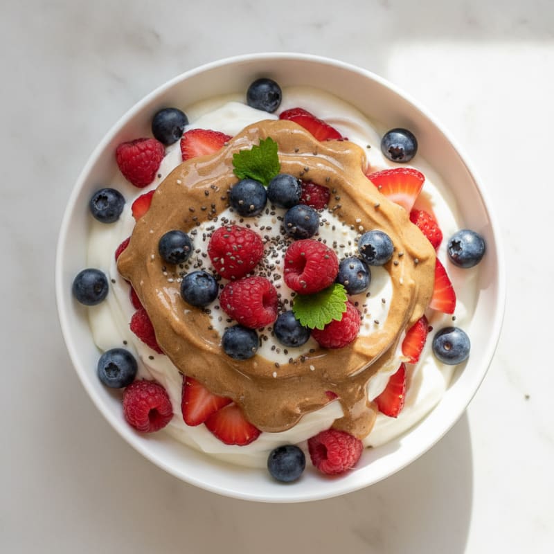 Greek Yogurt Protein Parfait with Mixed Berries and Almond Butter