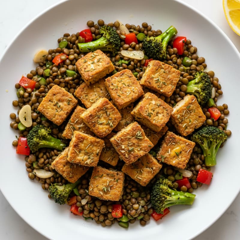 Herb-Roasted Tempeh with Lentil and Vegetable Medley