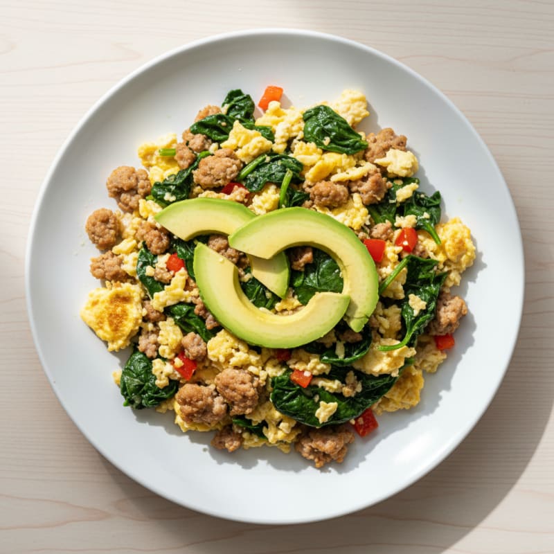 Scrambled Eggs with Turkey Sausage and Spinach