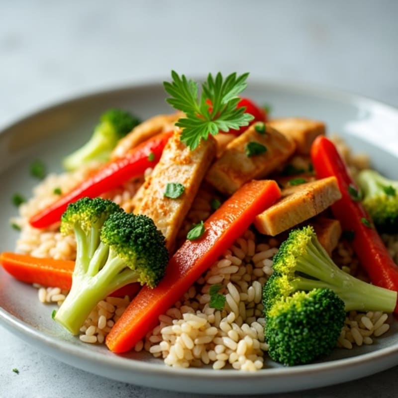 Chicken and Crisp Vegetable Stir-Fry with Brown Rice