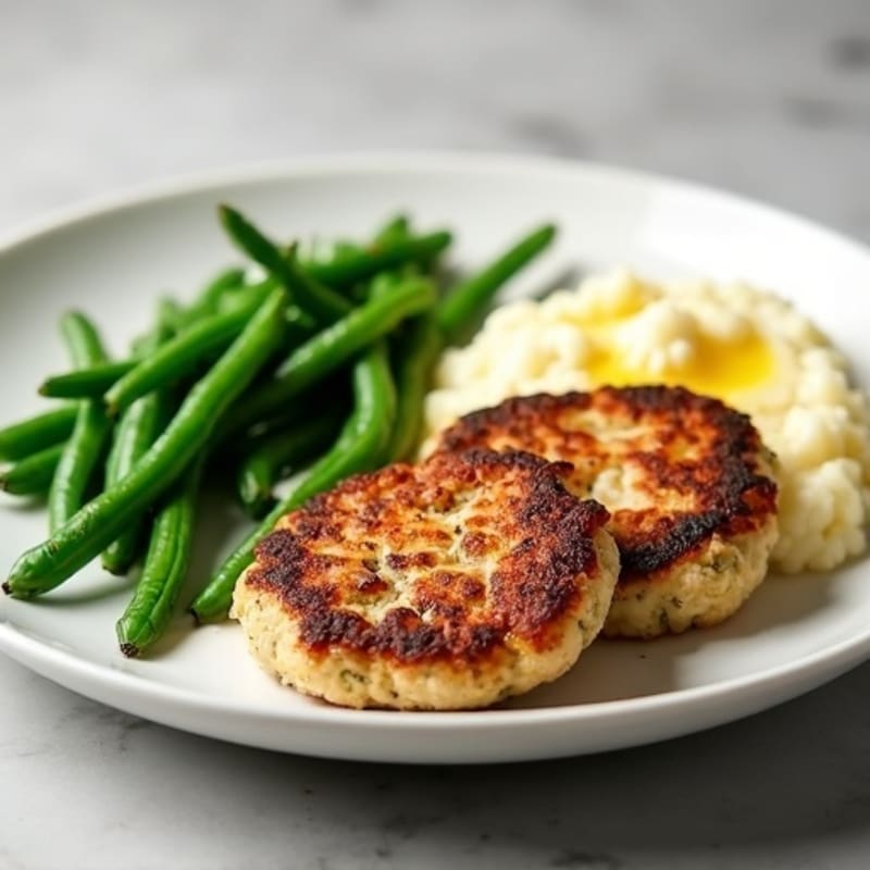 Seared Turkey Patties with Garlic Green Beans and Mashed Cauliflower