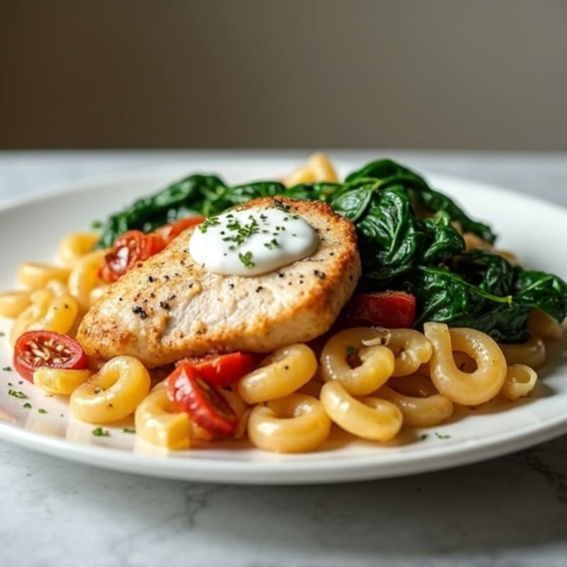 Creamy Sun-Dried Tomato Chicken with Whole Wheat Pasta and Spinach