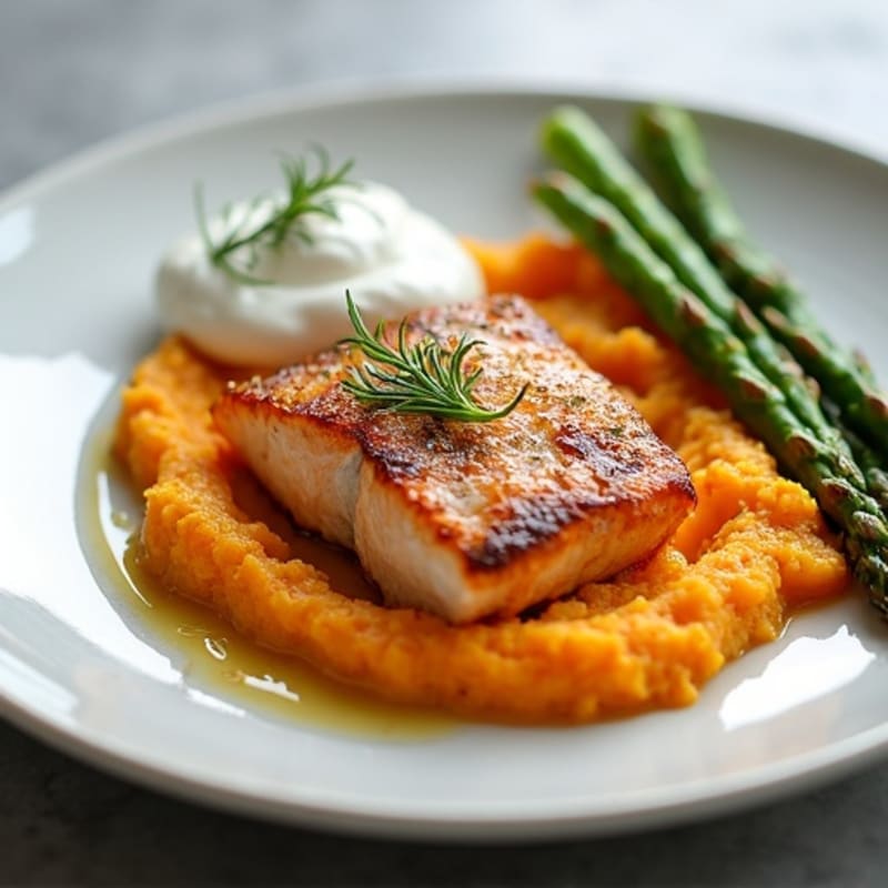 Seared Salmon Fillet with Steamed Asparagus and Sweet Potato Mash
