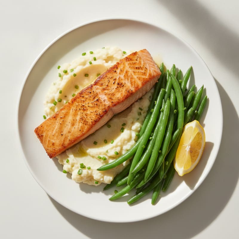 Seared Salmon with Steamed Green Beans and Garlic Mashed Cauliflower
