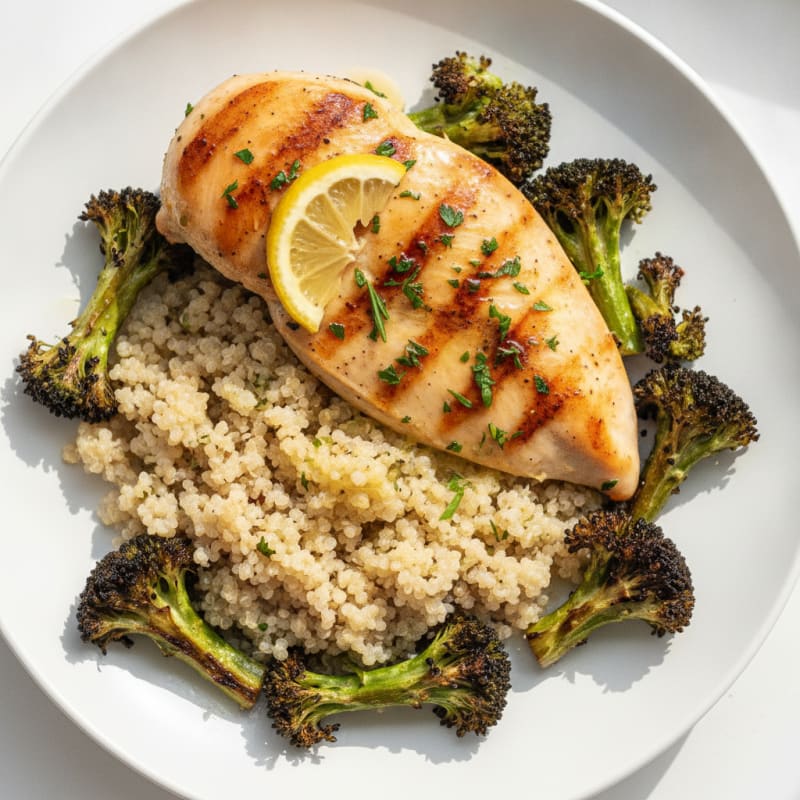 Grilled Chicken Breast with Roasted Broccoli and Quinoa