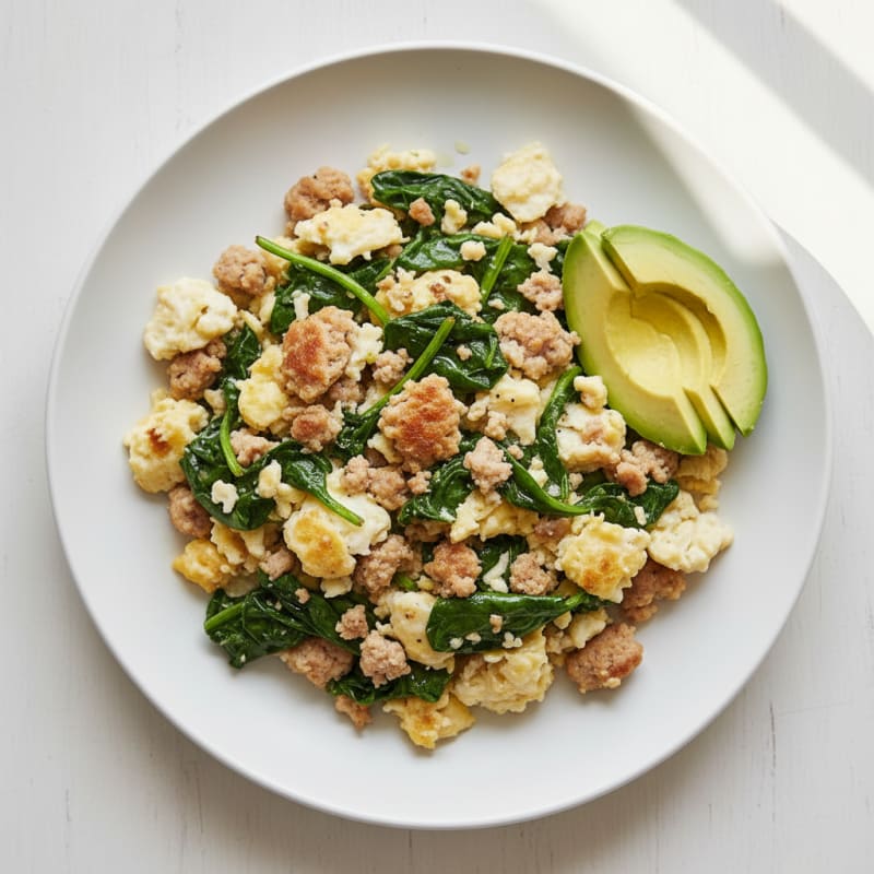 Egg White and Turkey Sausage Scramble with Sautéed Spinach
