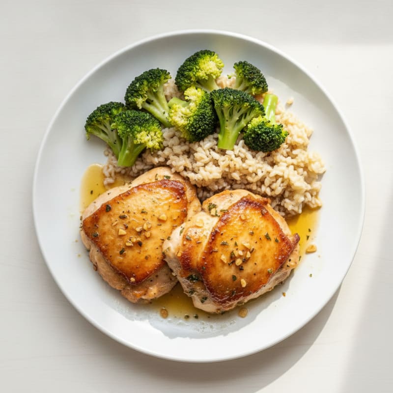 Seared Chicken Thighs with Steamed Broccoli and Brown Rice