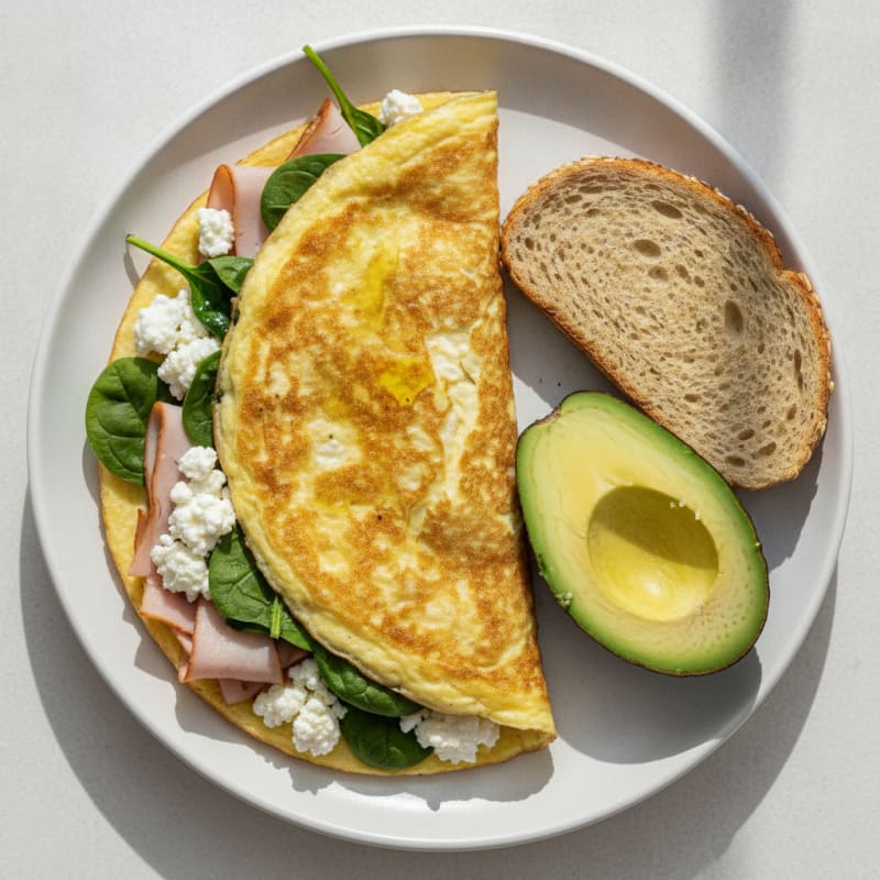 Egg White Omelette with Cottage Cheese, Smoked Turkey, and Spinach