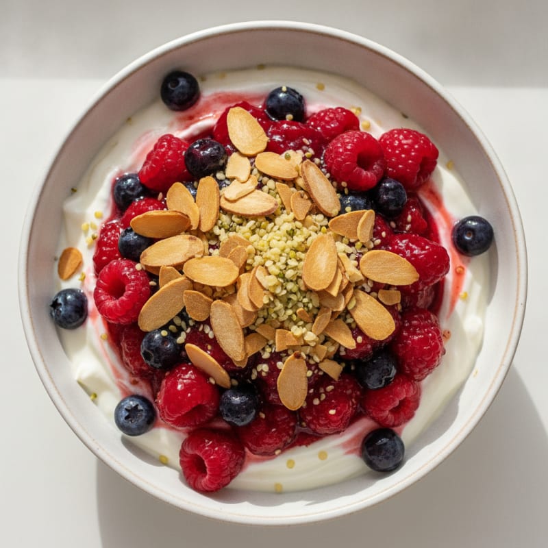 Greek Yogurt Protein Parfait with Mixed Berries and Almonds