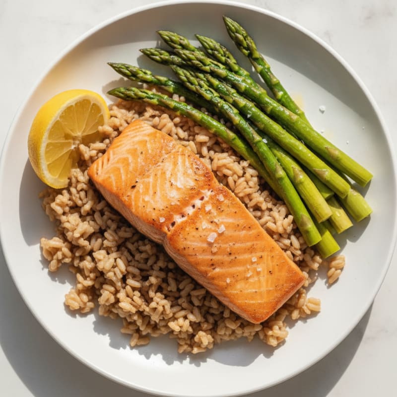 Seared Salmon with Steamed Asparagus and Brown Rice