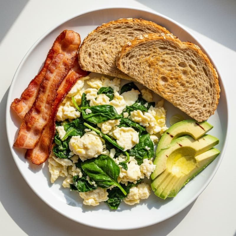 Crispy Turkey Bacon and Egg White Scramble with Spinach