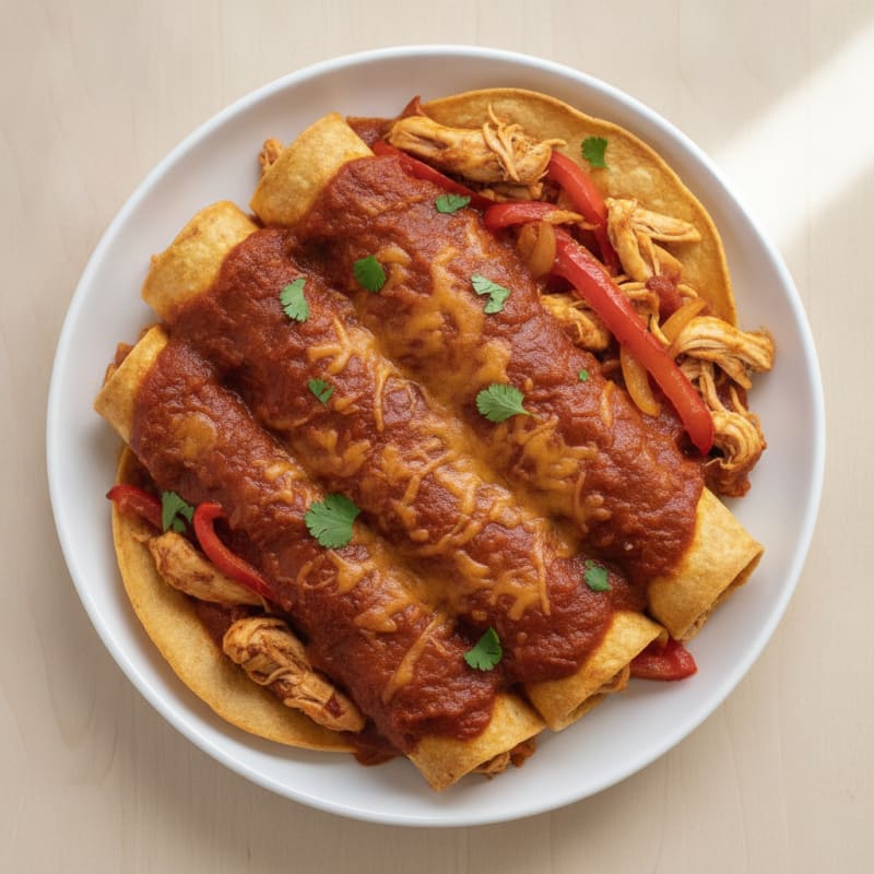 Shredded Chicken Enchiladas with Smoky Red Sauce