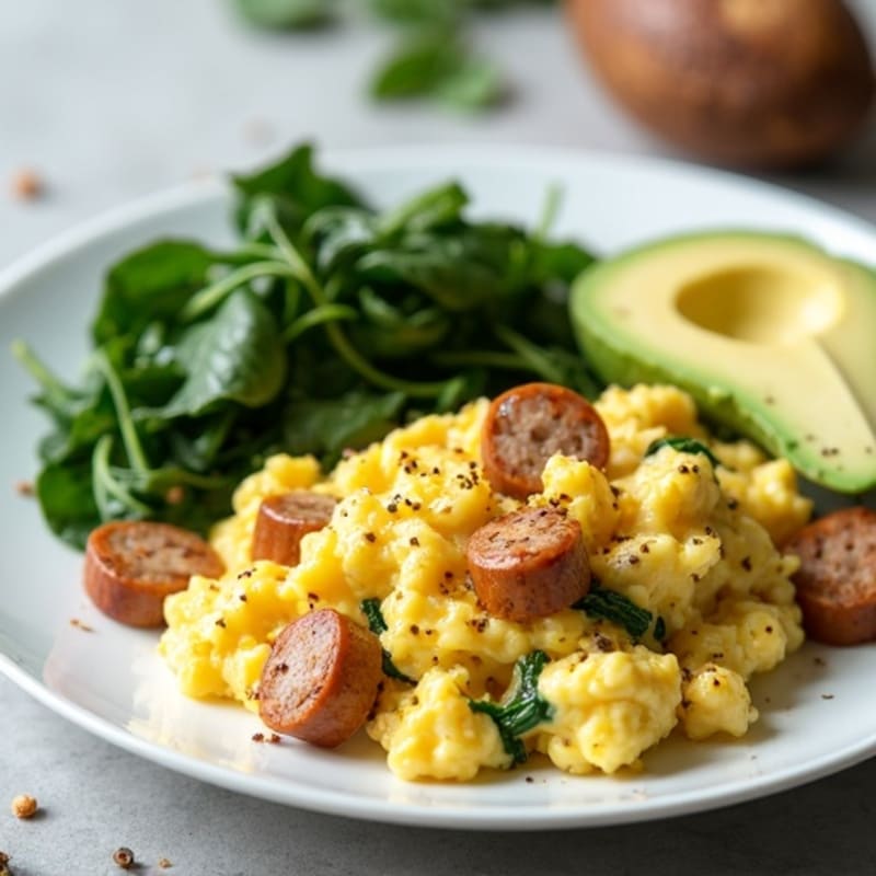 Egg White Scramble with Turkey Sausage and Sautéed Spinach
