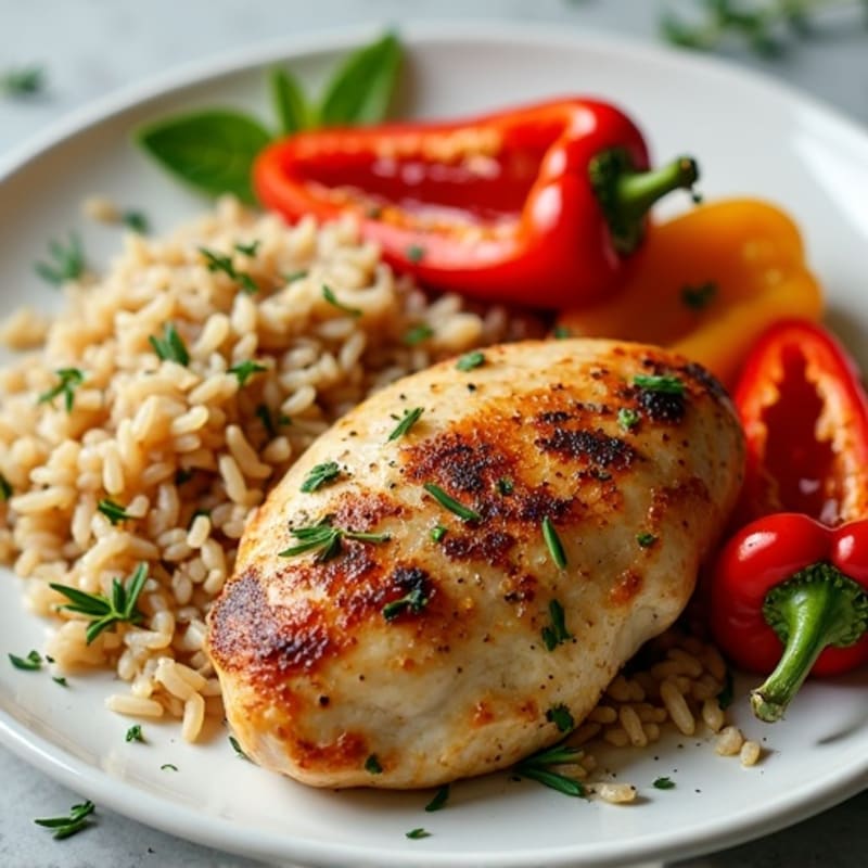 Garlic-Herb Chicken with Roasted Bell Peppers and Brown Rice