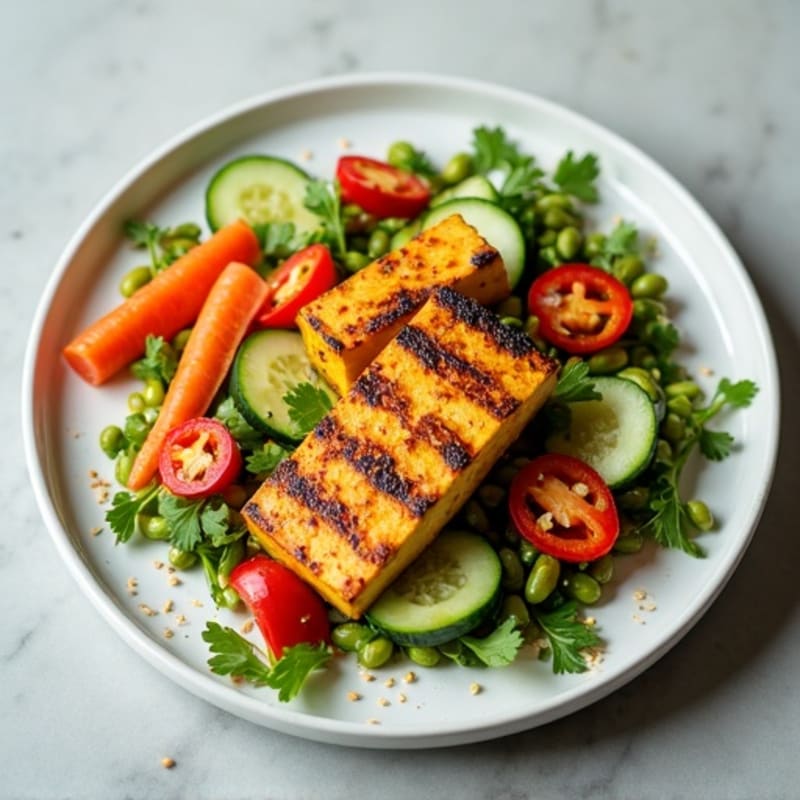 Seared Tofu and Edamame Salad with Crunchy Vegetables