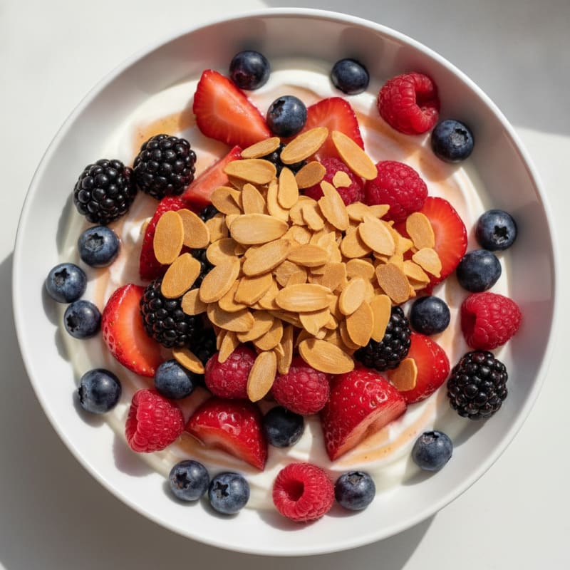 Greek Yogurt Protein Parfait with Mixed Berries and Almonds