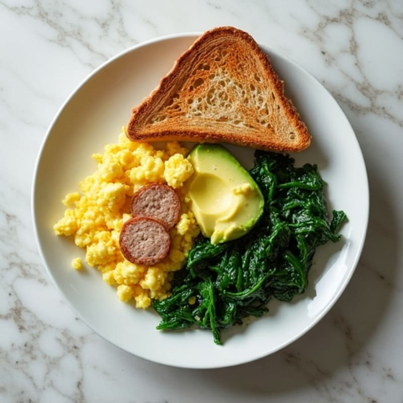 Egg White and Turkey Sausage Scramble with Sautéed Spinach