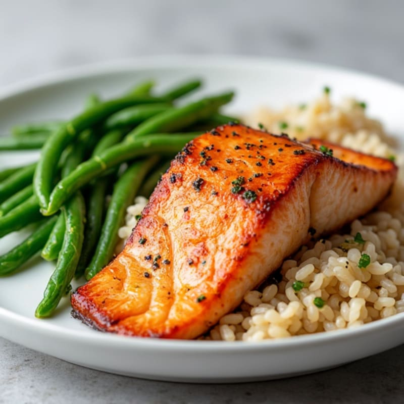 Seared Salmon with Garlic Green Beans and Brown Rice