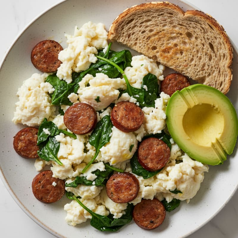 Egg White Scramble with Turkey Sausage and Sautéed Spinach